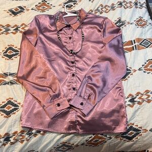 Womens Ivys Rose Boutique Satin Rodeo Shirt Button up- Blush Pink